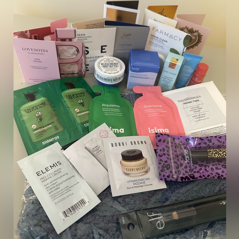 NIB Makeup and Skincare Sample set with Blue Fuzzy Cosmetics Bag